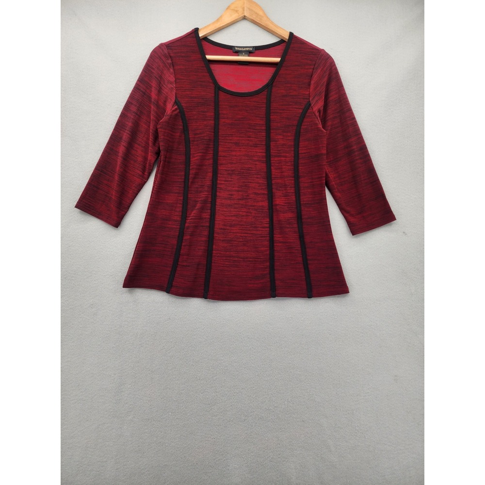 Susan Lawrence Red Space Dye Top 3/4 Sleeve Black Piping Stretch‎ Knit Small